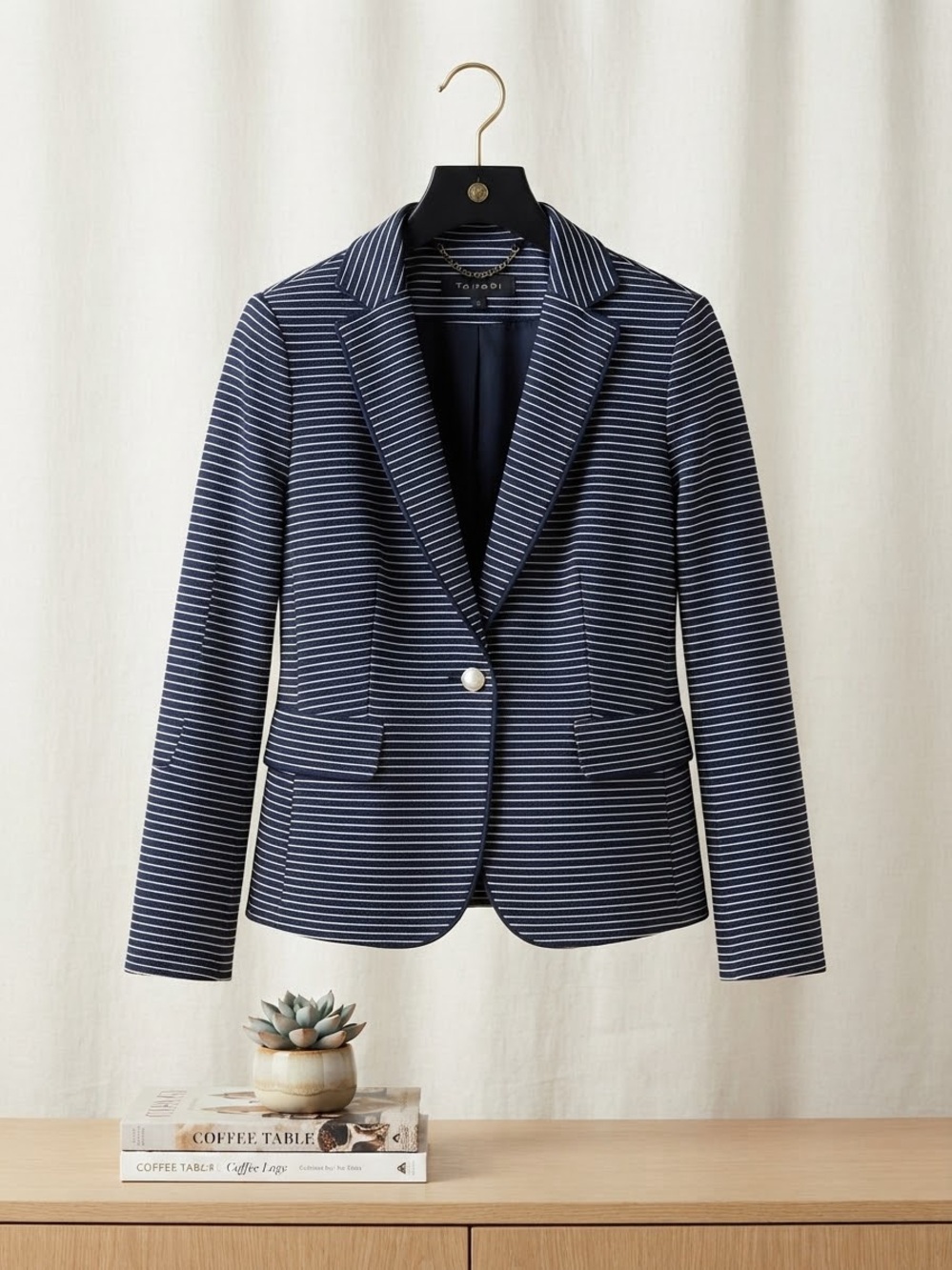 Tahari Navy and White Striped Single-Button Blazer